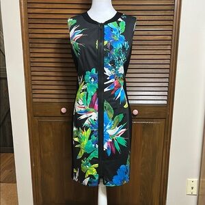 Elie Tahari Mila Zip Front Floral Cotton Blend Sleeveless Sheath Dress Size 10